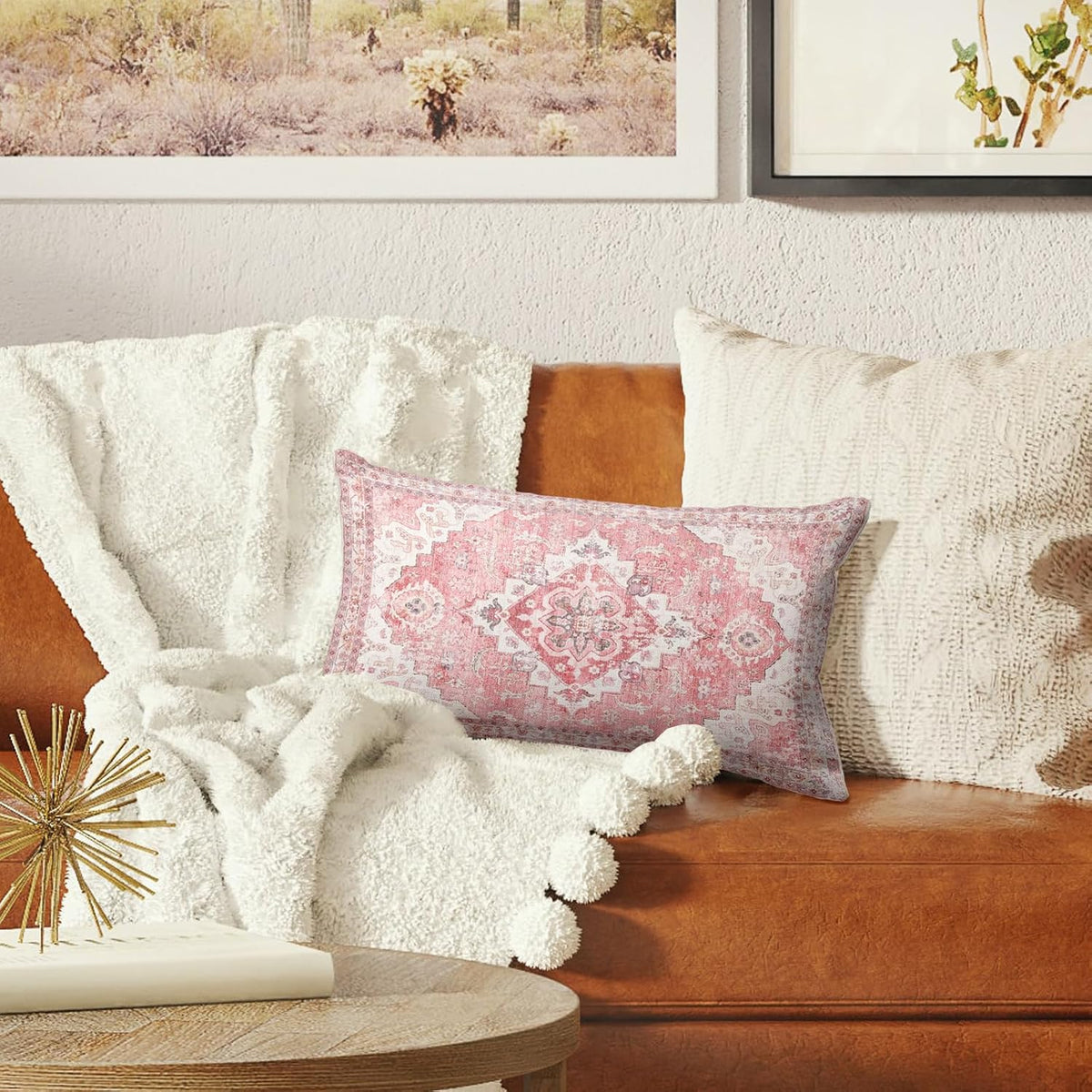 Pink Boho Throw Pillow Covers Set of 2 Monaco Rug Carpet Double Sided Pattern Cotton Soft Pillow Case Cushion Cover Pillowcase for Garden Couch Sofa Bed Decorative 12x20 inch