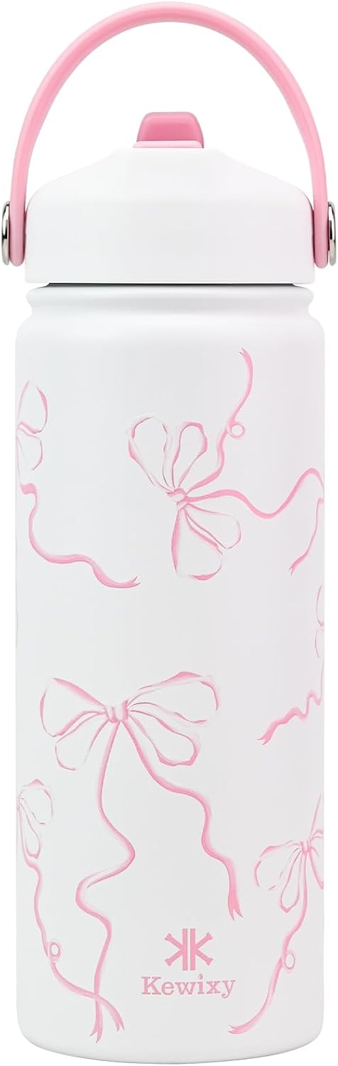 KEWIXY 18 oz Pink Bow Water Bottle with Straw, Leak Proof, Insulated Stainless Steel with Handle, Reusable, Metal (Breeze Pink Bow)