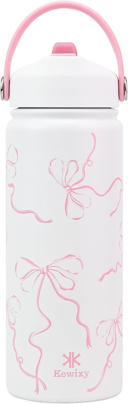 KEWIXY 18 oz Pink Bow Water Bottle with Straw, Leak Proof, Insulated Stainless Steel with Handle, Reusable, Metal (Breeze Pink Bow)