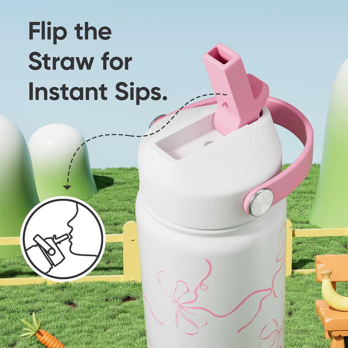 KEWIXY 18 oz Pink Bow Water Bottle with Straw, Leak Proof, Insulated Stainless Steel with Handle, Reusable, Metal (Breeze Pink Bow)