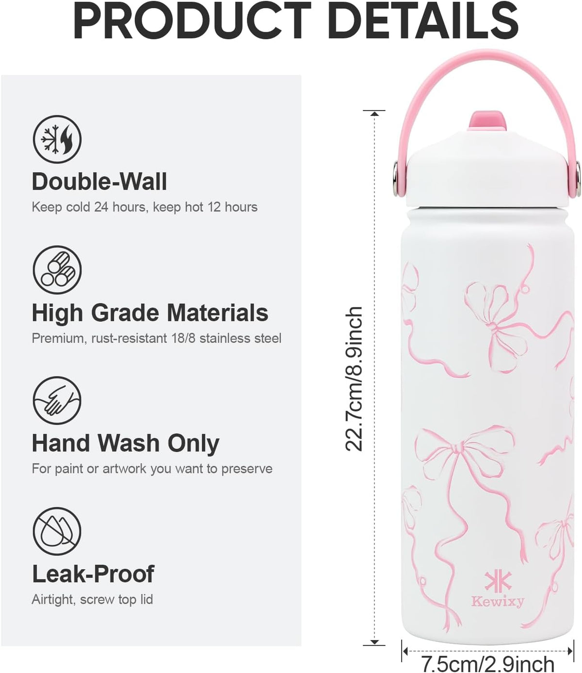 KEWIXY 18 oz Pink Bow Water Bottle with Straw, Leak Proof, Insulated Stainless Steel with Handle, Reusable, Metal (Breeze Pink Bow)