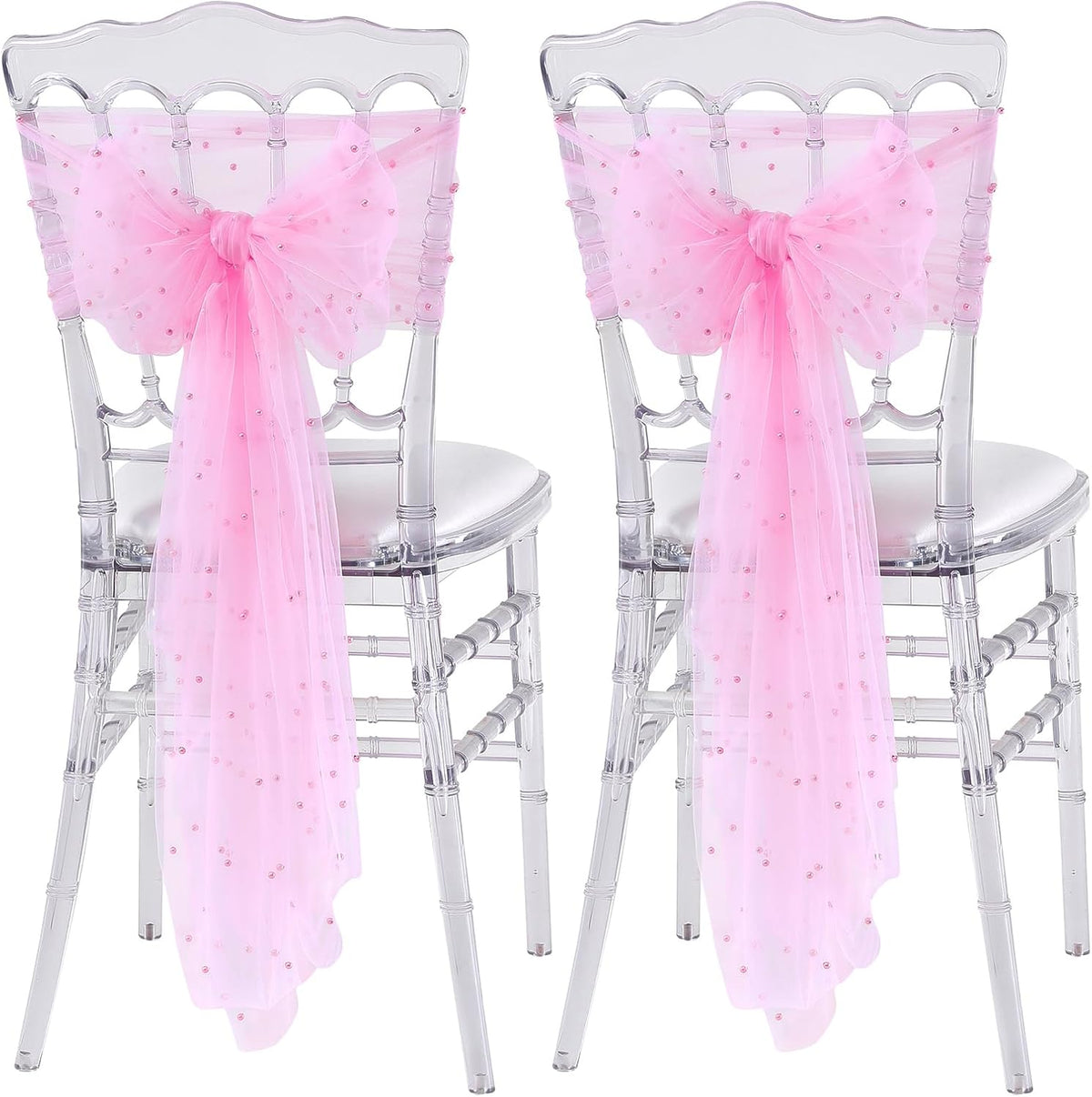 Pink Pearls Chair Sashes Wedding Decorations: 16 Packs Tulle Draping Fabric Sheer Church Chair Cover Bulk for Birthday Party Banquet