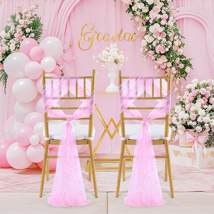 Pink Pearls Chair Sashes Wedding Decorations: 16 Packs Tulle Draping Fabric Sheer Church Chair Cover Bulk for Birthday Party Banquet