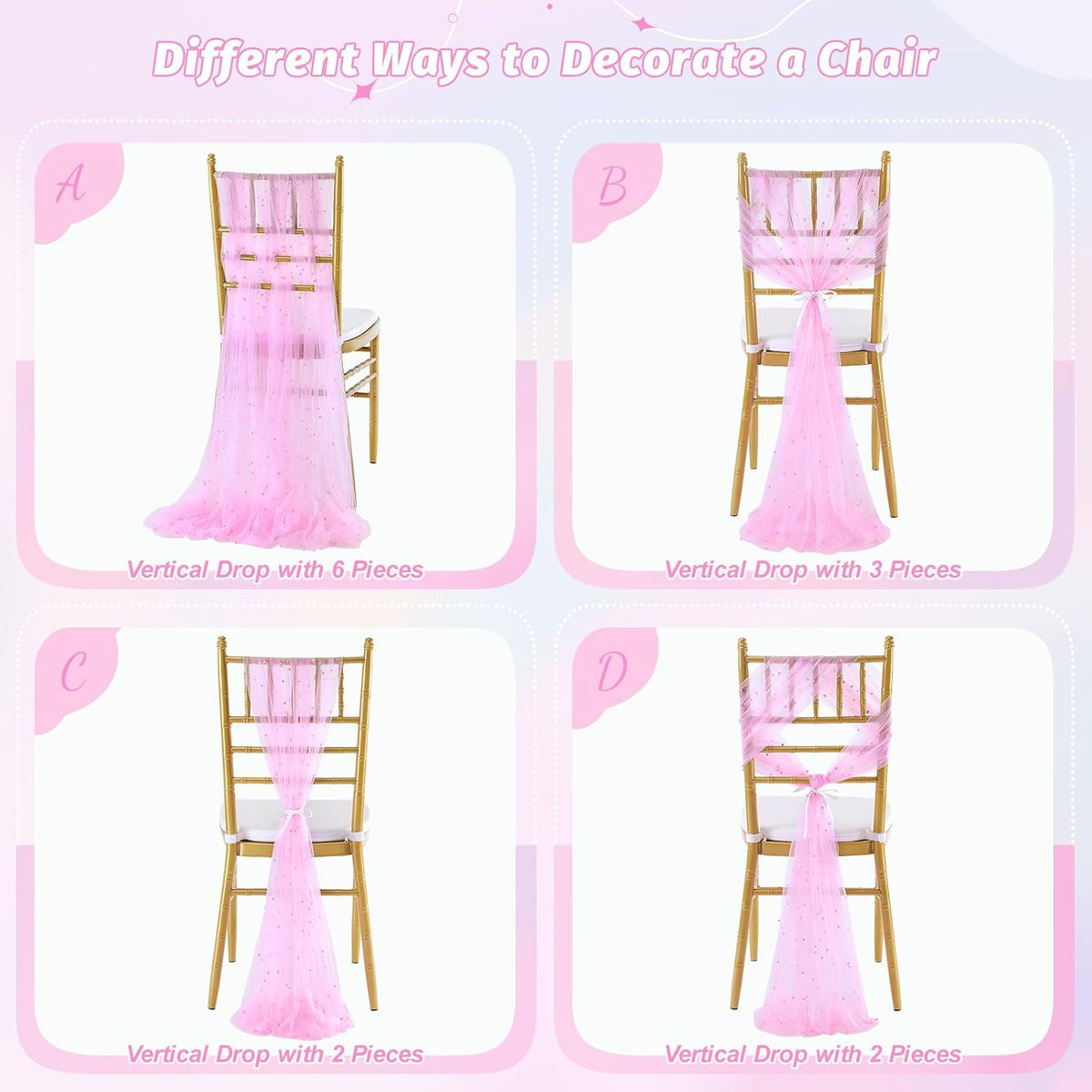 Pink Pearls Chair Sashes Wedding Decorations: 16 Packs Tulle Draping Fabric Sheer Church Chair Cover Bulk for Birthday Party Banquet