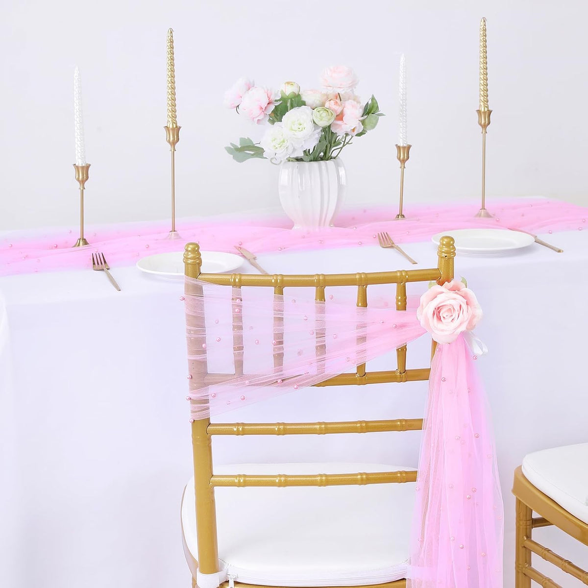 Pink Pearls Chair Sashes Wedding Decorations: 16 Packs Tulle Draping Fabric Sheer Church Chair Cover Bulk for Birthday Party Banquet