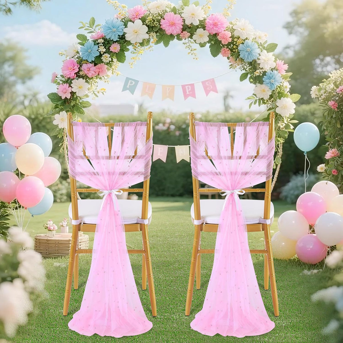 Pink Pearls Chair Sashes Wedding Decorations: 16 Packs Tulle Draping Fabric Sheer Church Chair Cover Bulk for Birthday Party Banquet