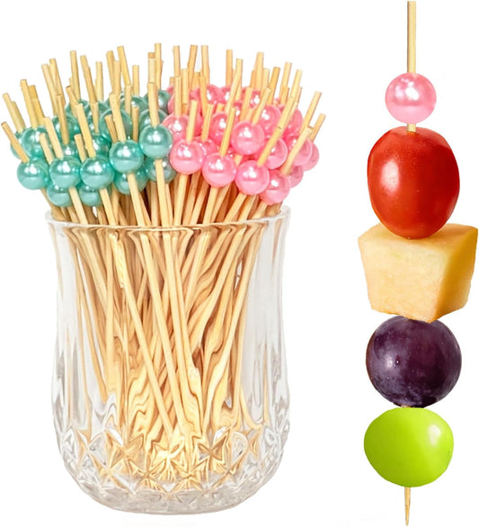 100 Pcs Gender Reveal Cocktail Picks, Pink and Blue Pearl Toothpicks