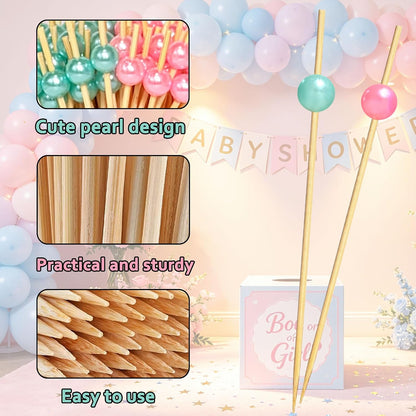 100 Pcs Gender Reveal Cocktail Picks, Pink and Blue Pearl Toothpicks