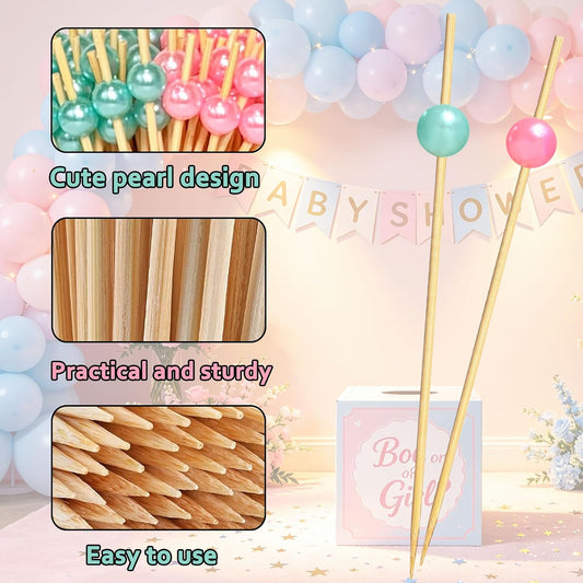 100 Pcs Gender Reveal Cocktail Picks, Pink and Blue Pearl Toothpicks