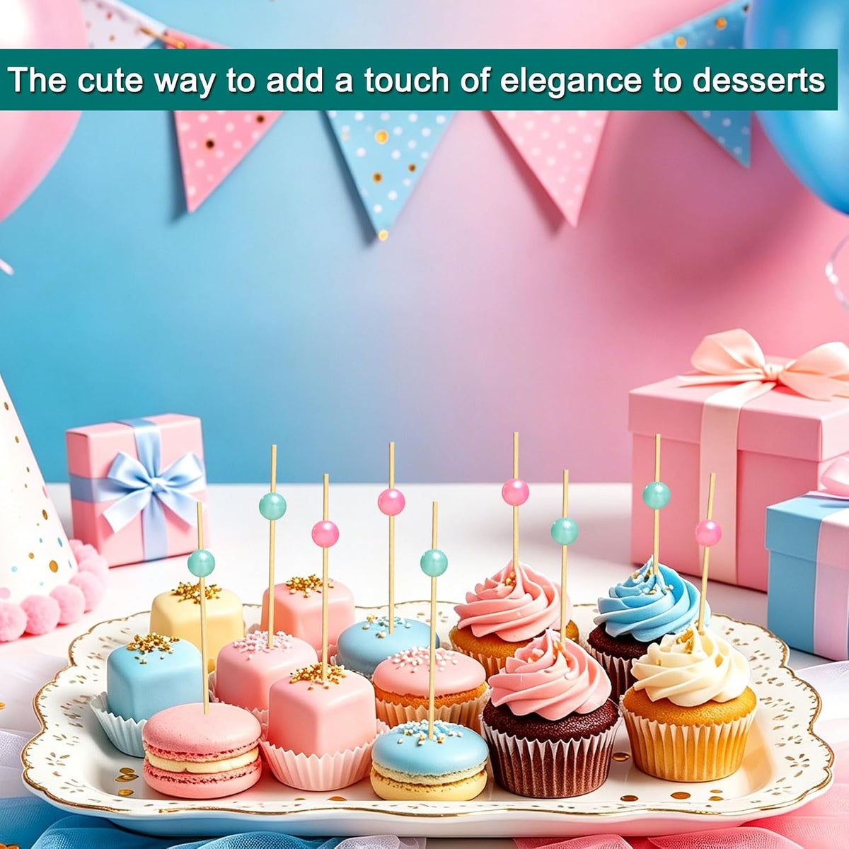 100 Pcs Gender Reveal Cocktail Picks, Pink and Blue Pearl Toothpicks