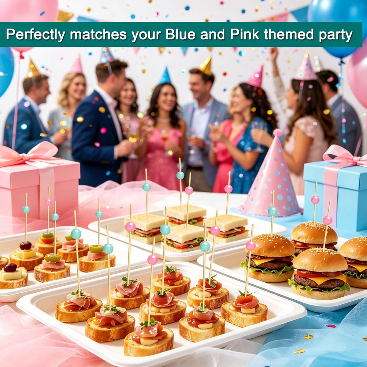100 Pcs Gender Reveal Cocktail Picks, Pink and Blue Pearl Toothpicks