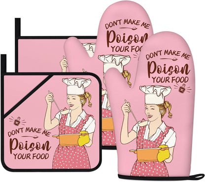 Funny Oven Mitts and Pot Holders Sets Pink Kitchen Accessories and Decor Heat Resistant Kitchen Cooking Baking Gifts Retro Humor Fun House Warming Gifts for Women (Pink, Oven Mitts & Pot Holders)