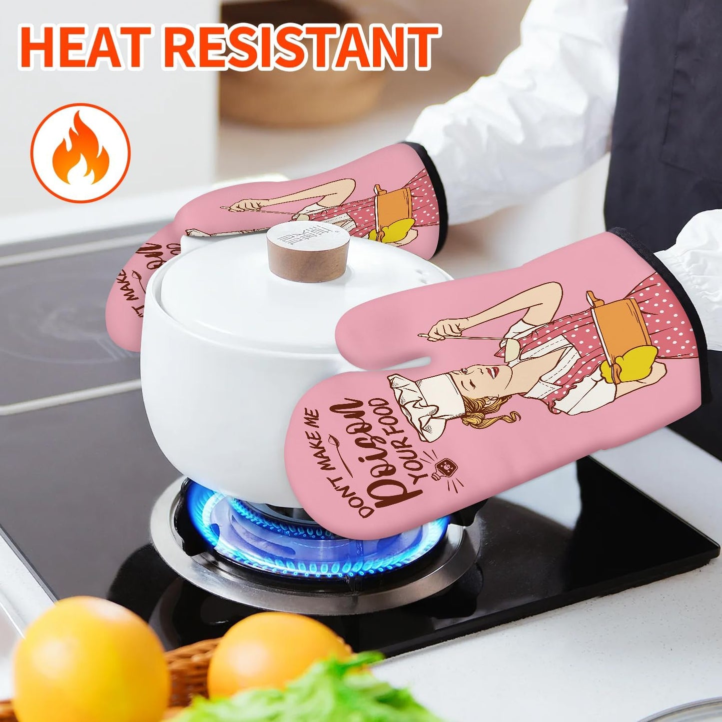 Funny Oven Mitts and Pot Holders Sets Pink Kitchen Accessories and Decor Heat Resistant Kitchen Cooking Baking Gifts Retro Humor Fun House Warming Gifts for Women (Pink, Oven Mitts & Pot Holders)