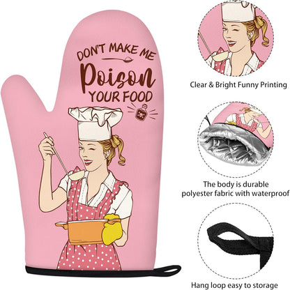 Funny Oven Mitts and Pot Holders Sets Pink Kitchen Accessories and Decor Heat Resistant Kitchen Cooking Baking Gifts Retro Humor Fun House Warming Gifts for Women (Pink, Oven Mitts & Pot Holders)