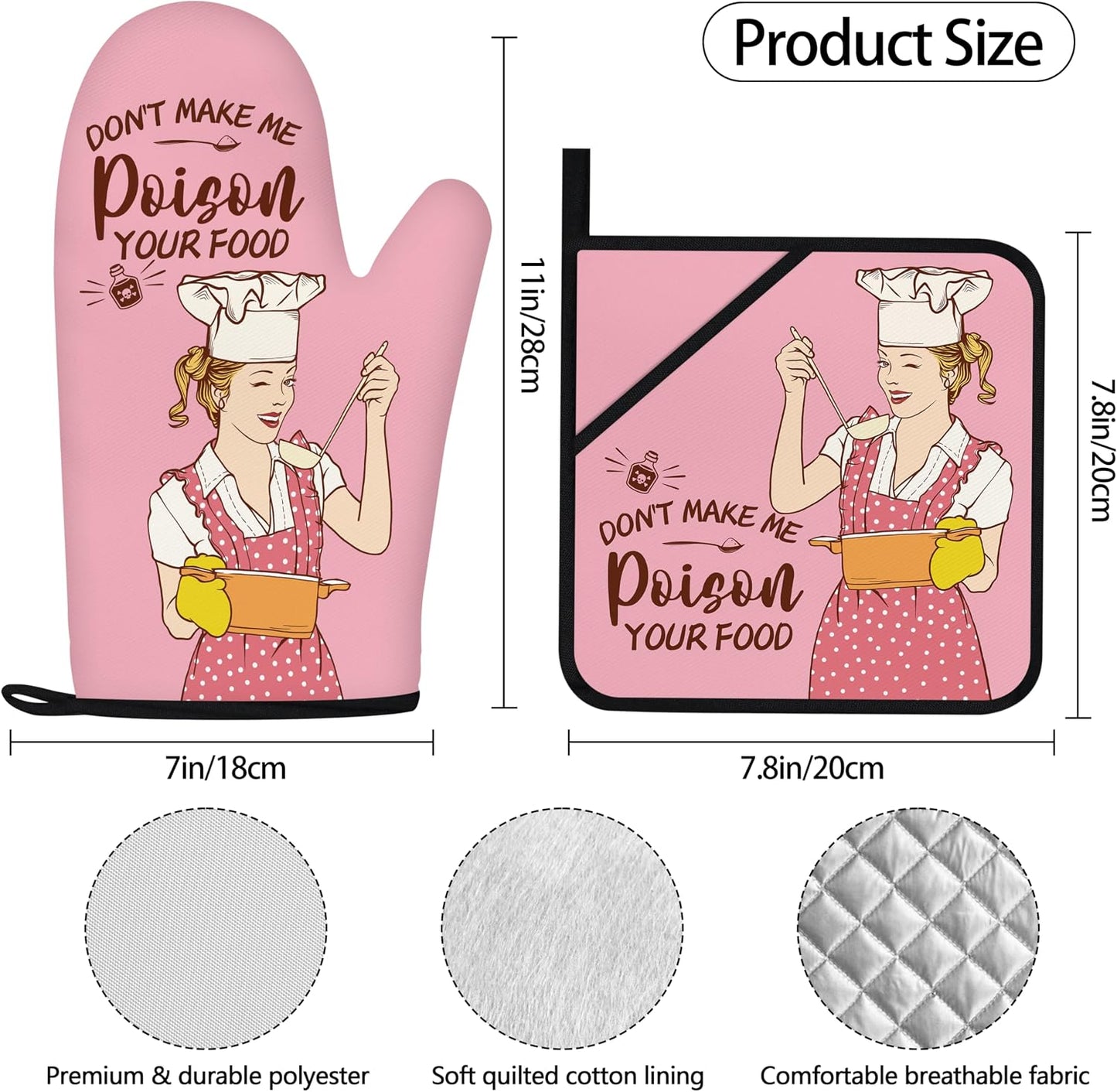 Funny Oven Mitts and Pot Holders Sets Pink Kitchen Accessories and Decor Heat Resistant Kitchen Cooking Baking Gifts Retro Humor Fun House Warming Gifts for Women (Pink, Oven Mitts & Pot Holders)