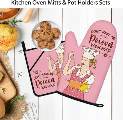 Funny Oven Mitts and Pot Holders Sets Pink Kitchen Accessories and Decor Heat Resistant Kitchen Cooking Baking Gifts Retro Humor Fun House Warming Gifts for Women (Pink, Oven Mitts & Pot Holders)