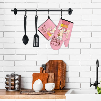 Funny Oven Mitts and Pot Holders Sets Pink Kitchen Accessories and Decor Heat Resistant Kitchen Cooking Baking Gifts Retro Humor Fun House Warming Gifts for Women (Pink, Oven Mitts & Pot Holders)