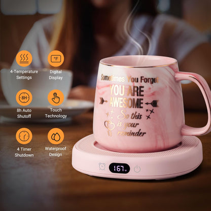 Coffee Mug Warmer & You are Awesome Mug Set, Electric Cup Warmer for Desk