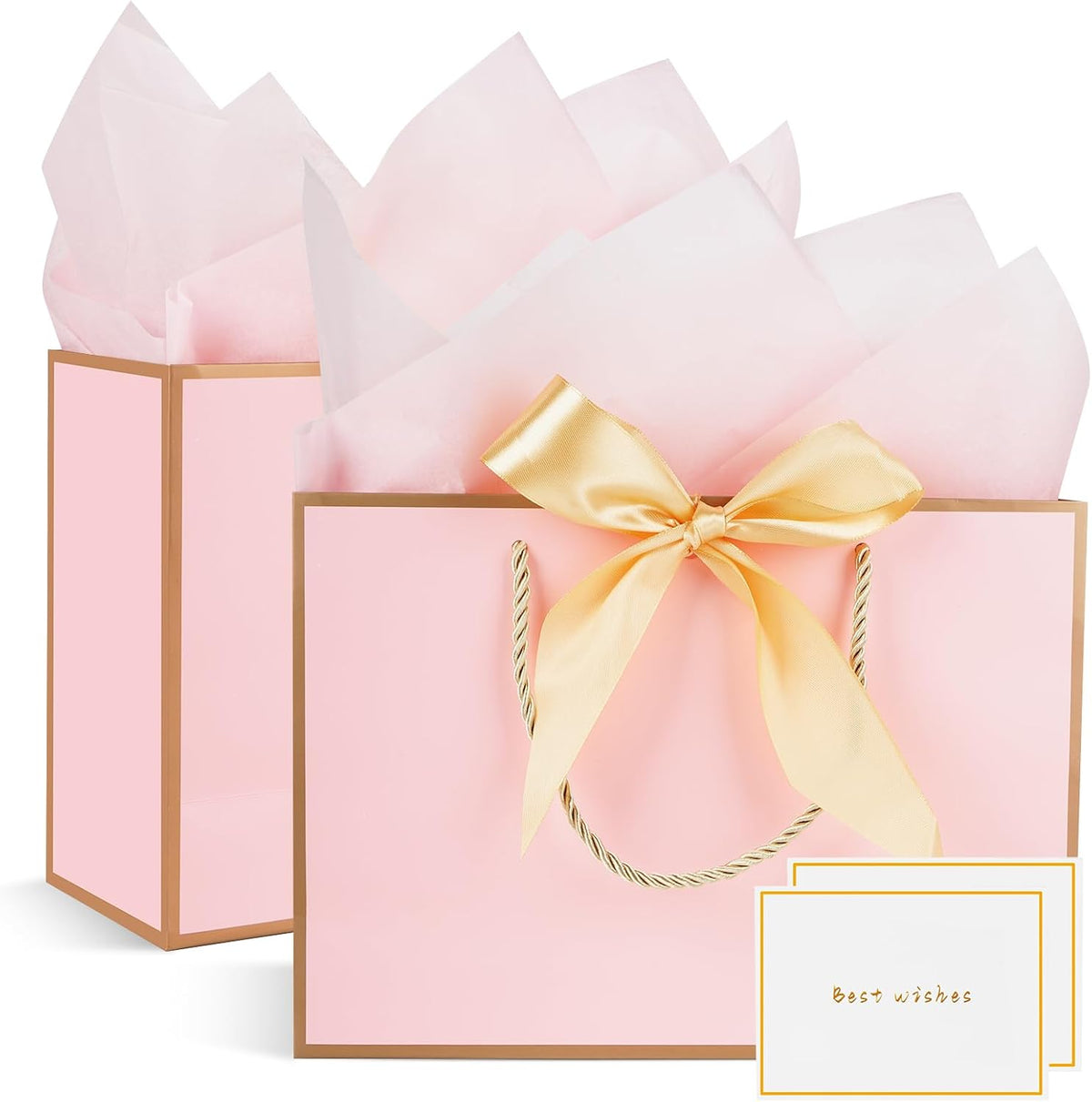 Gift Bags for Present, 2 Pcs Medium Gift Bags for Women with Tissue Paper and Cards, Gift Bag for Birthdays, Baby Shower, Wedding, Party, Holiday Presents 11"X7.9"X3.9" (Pink and Gold)