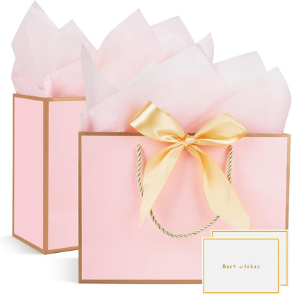 Gift Bags for Present, 2 Pcs Medium Gift Bags for Women with Tissue Paper and Cards, Gift Bag for Birthdays, Baby Shower, Wedding, Party, Holiday Presents 11"X7.9"X3.9" (Pink and Gold)