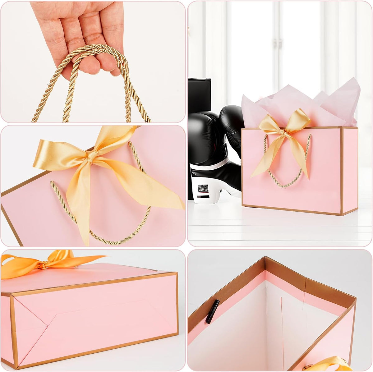Gift Bags for Present, 2 Pcs Medium Gift Bags for Women with Tissue Paper and Cards, Gift Bag for Birthdays, Baby Shower, Wedding, Party, Holiday Presents 11"X7.9"X3.9" (Pink and Gold)
