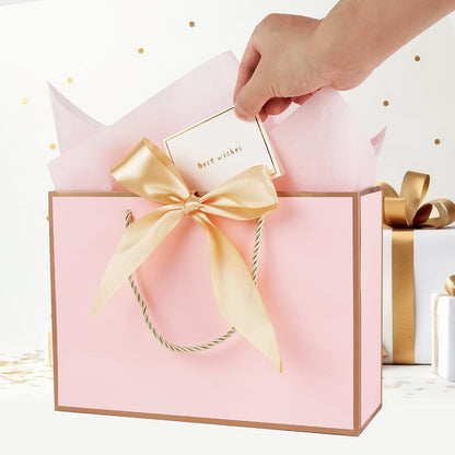 Gift Bags for Present, 2 Pcs Medium Gift Bags for Women with Tissue Paper and Cards, Gift Bag for Birthdays, Baby Shower, Wedding, Party, Holiday Presents 11"X7.9"X3.9" (Pink and Gold)