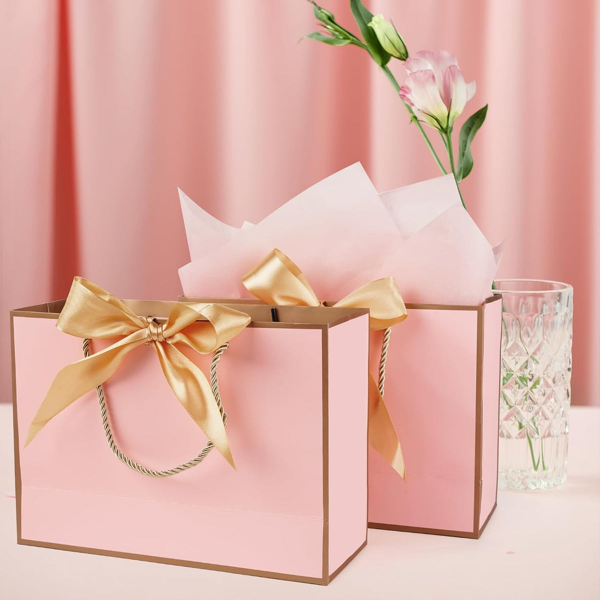 Gift Bags for Present, 2 Pcs Medium Gift Bags for Women with Tissue Paper and Cards, Gift Bag for Birthdays, Baby Shower, Wedding, Party, Holiday Presents 11"X7.9"X3.9" (Pink and Gold)
