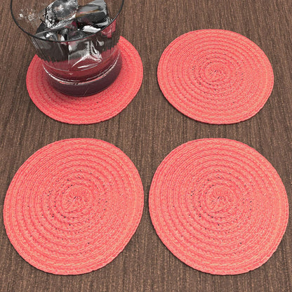 Round Braided Woven Polypropylene Plastic Coaster Set of 4 (Coral)