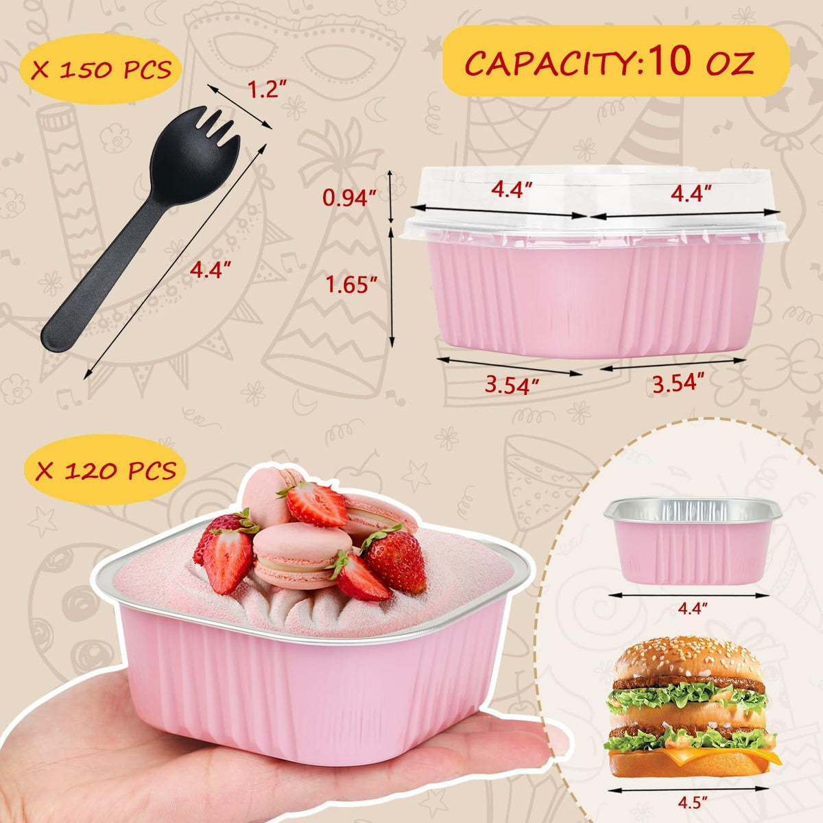 120 Pack 10oz Mini Cake Pans with Lids and Spoons for Bake Sales