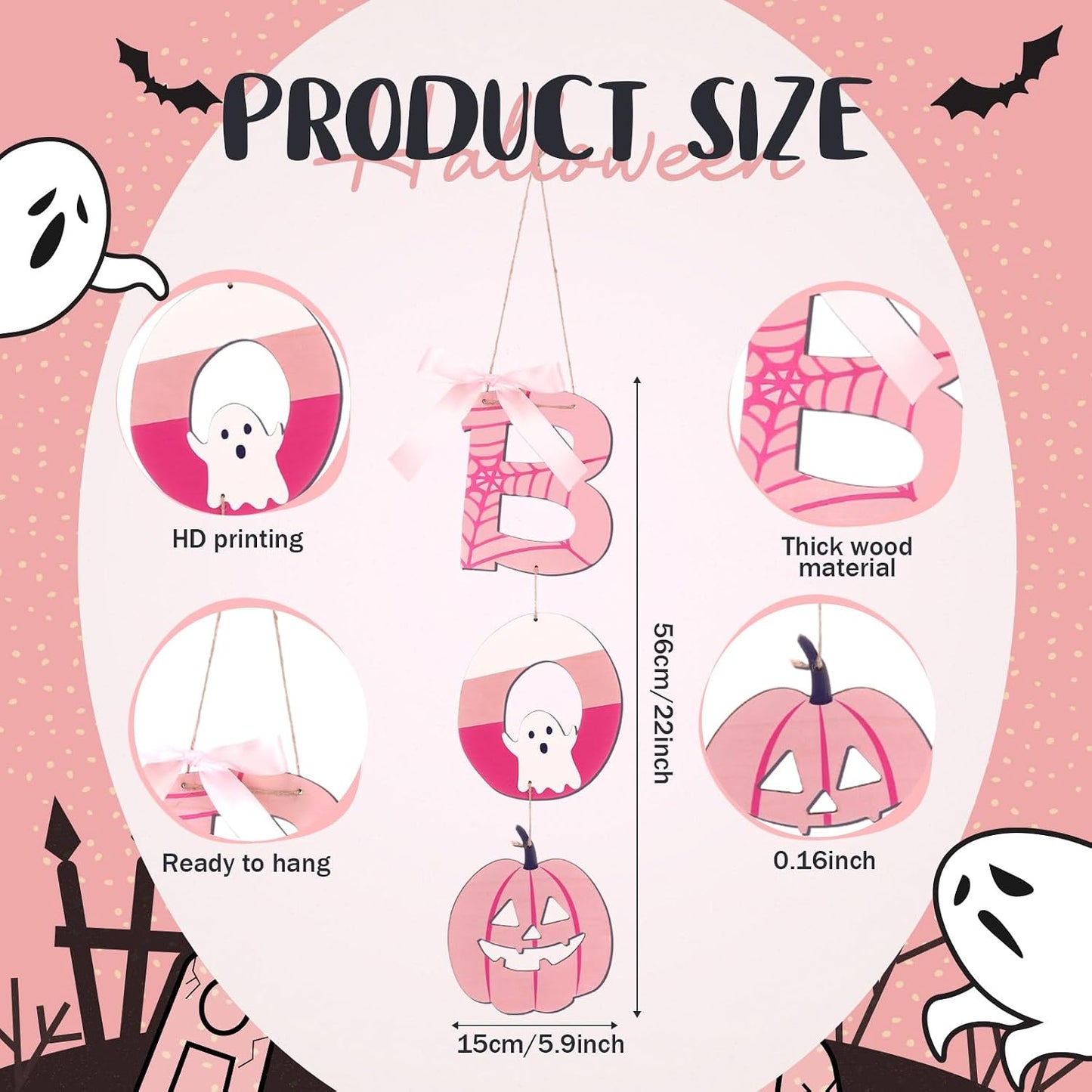 Halloween Door Decoration Pink Boo Wall Sign Large Size