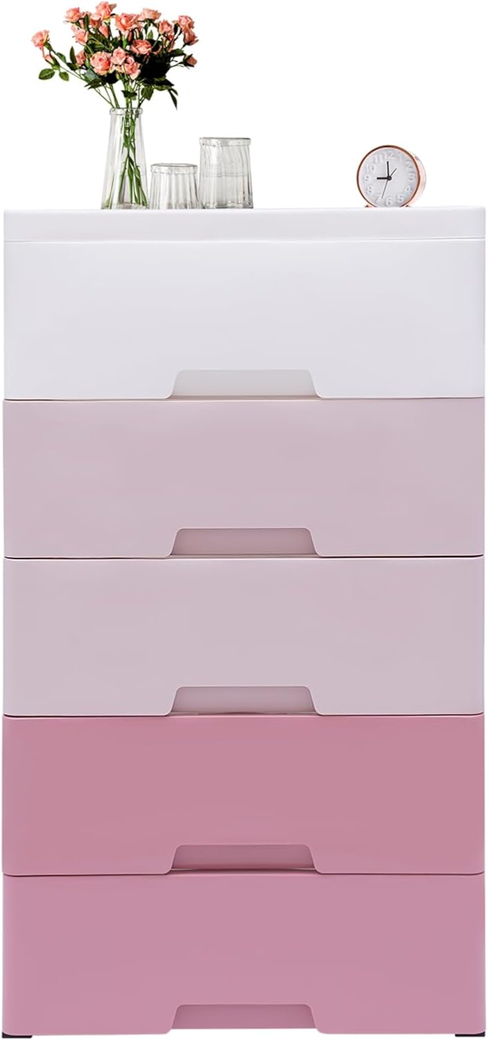 Vertical Dresser Storage Tower,Plastic Drawers Dresser,Storage Cabinet with 5 Drawers,Organizer Unit,Organizer for Bedroom (Gradient Pink 17.1 * 11.4 * 31.5in)