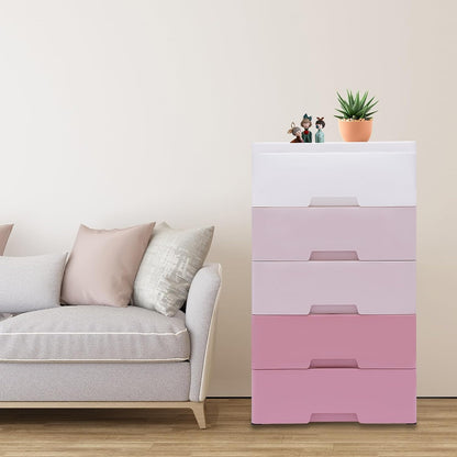 Vertical Dresser Storage Tower,Plastic Drawers Dresser,Storage Cabinet with 5 Drawers,Organizer Unit,Organizer for Bedroom (Gradient Pink 17.1 * 11.4 * 31.5in)