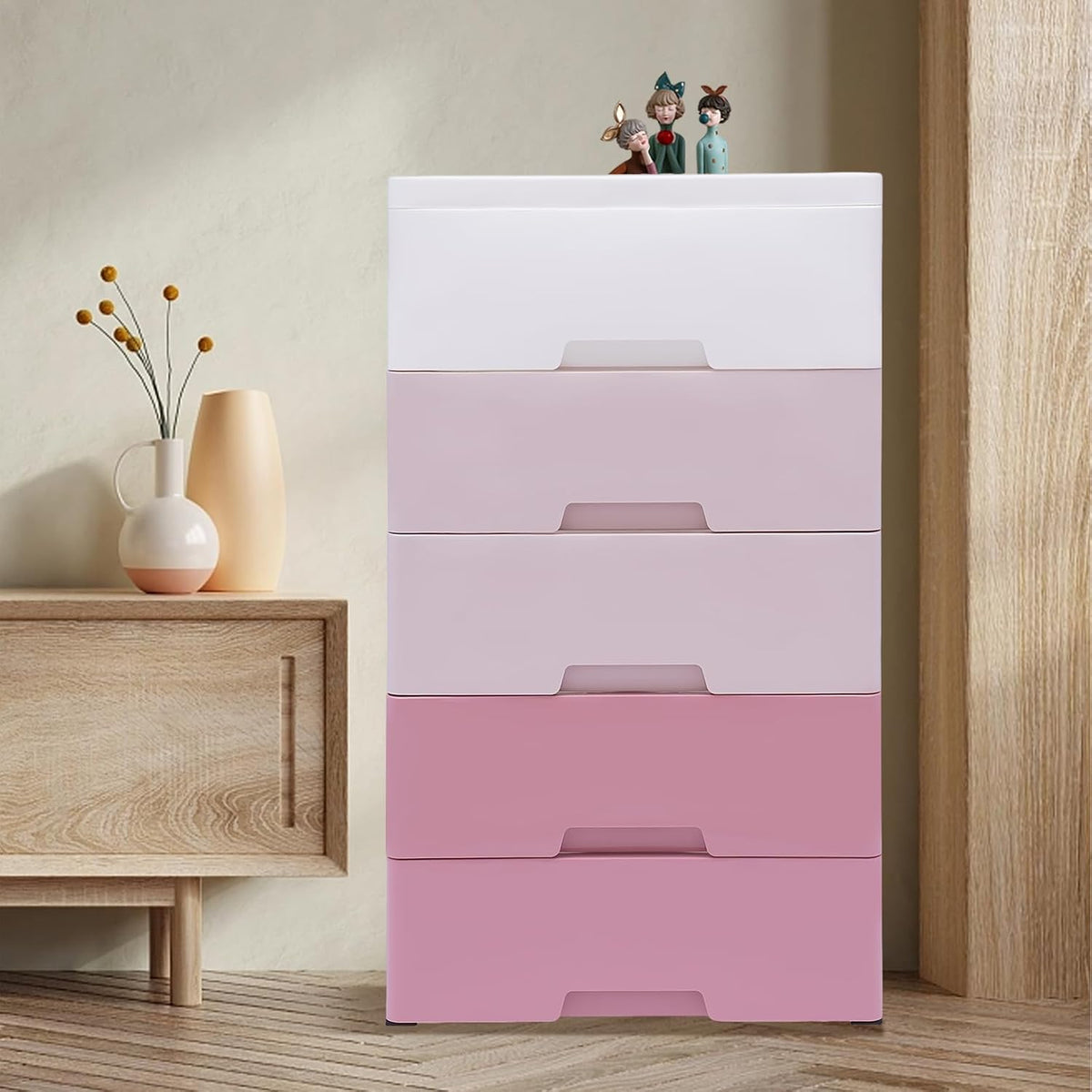 Vertical Dresser Storage Tower,Plastic Drawers Dresser,Storage Cabinet with 5 Drawers,Organizer Unit,Organizer for Bedroom (Gradient Pink 17.1 * 11.4 * 31.5in)