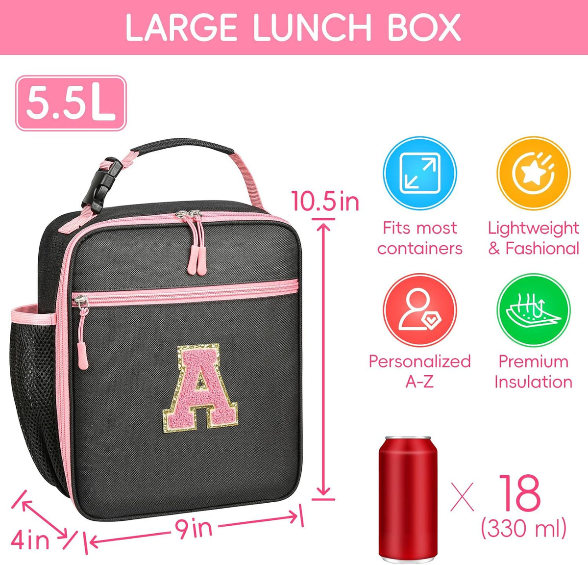 Initial Lunch Box for Women Girls,Insulated Lunch Bag with Monogram Letter,Cute Personalized Thermal Lunch Box for Teens Kids Adult for Work Camping Back to School Gift（Pink A）