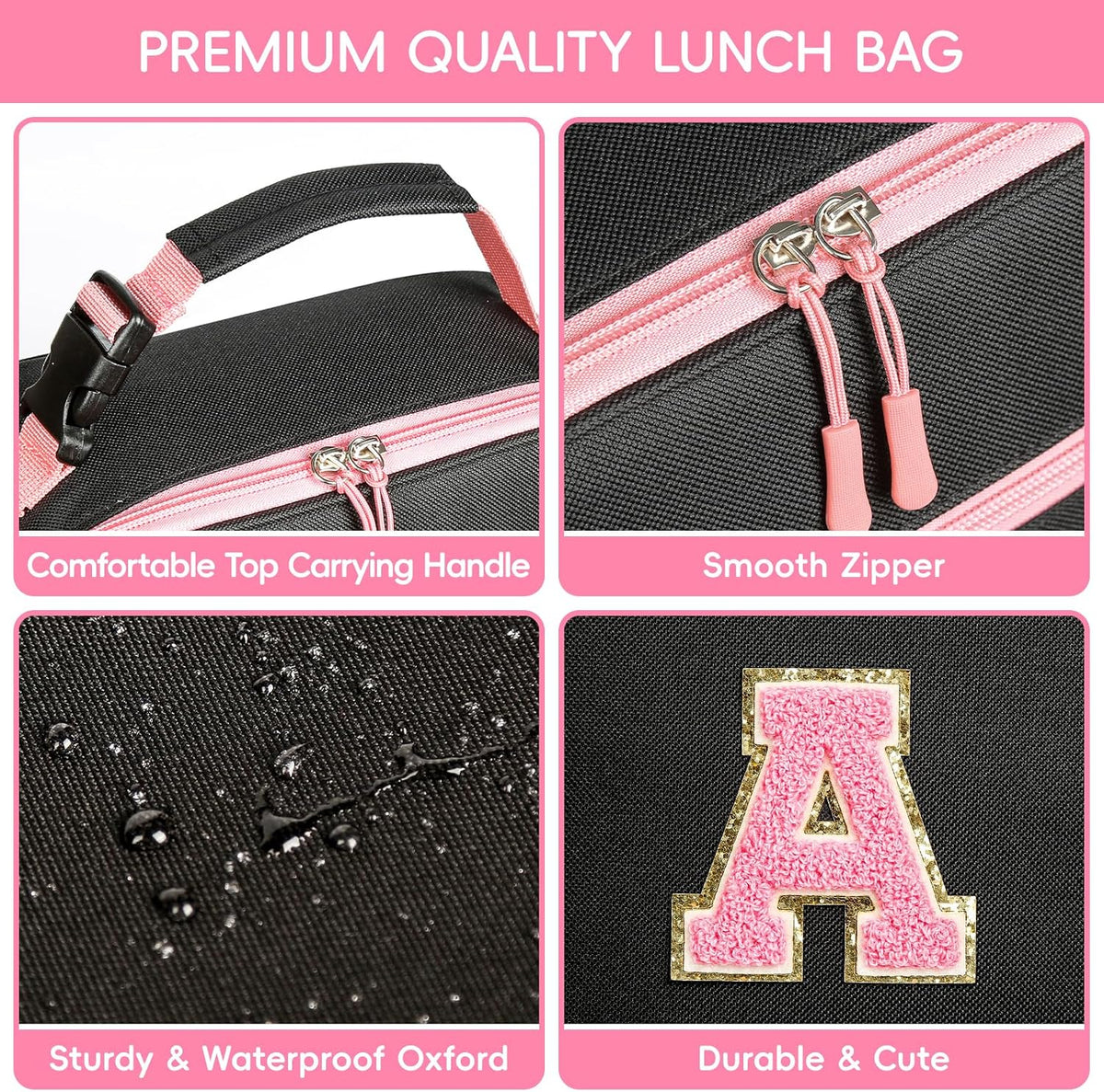 Initial Lunch Box for Women Girls,Insulated Lunch Bag with Monogram Letter,Cute Personalized Thermal Lunch Box for Teens Kids Adult for Work Camping Back to School Gift（Pink A）