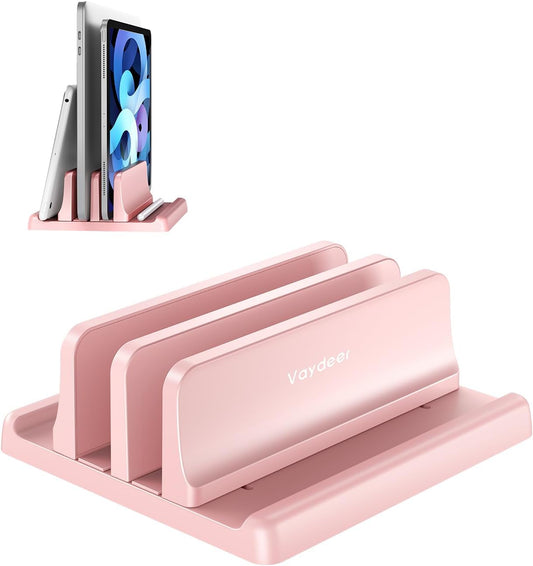 Vertical Laptop Stand for Desk, Dual Slots Plastic Laptop Holder with Space Saving 4-in-1 Design, Adjustable Laptop Stand Supports MacBook, Chromebook, Surface, Dell (Pink)