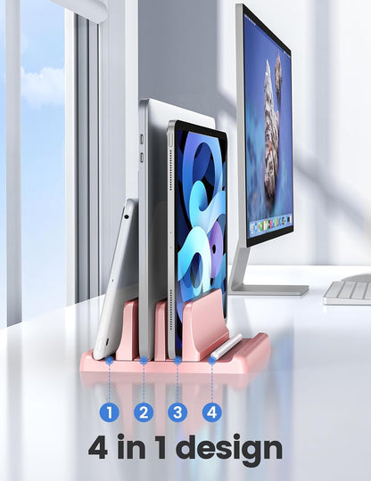 Vertical Laptop Stand for Desk, Dual Slots Plastic Laptop Holder with Space Saving 4-in-1 Design, Adjustable Laptop Stand Supports MacBook, Chromebook, Surface, Dell (Pink)