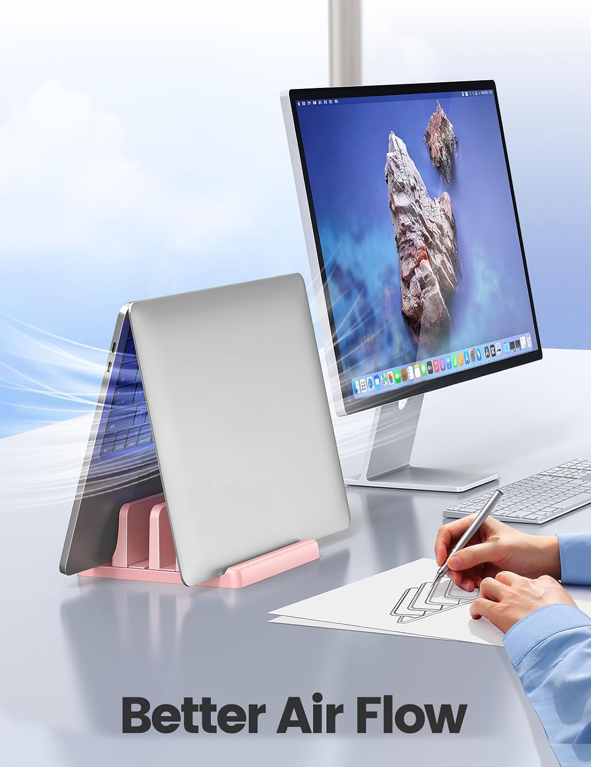 Vertical Laptop Stand for Desk, Dual Slots Plastic Laptop Holder with Space Saving 4-in-1 Design, Adjustable Laptop Stand Supports MacBook, Chromebook, Surface, Dell (Pink)