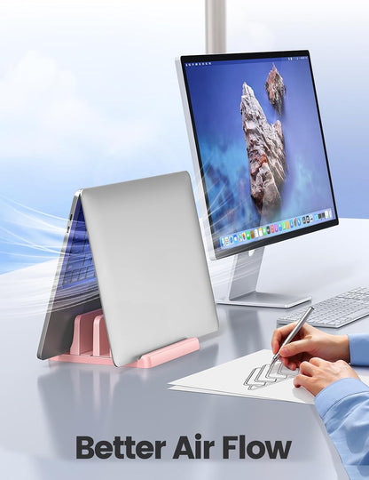 Vertical Laptop Stand for Desk, Dual Slots Plastic Laptop Holder with Space Saving 4-in-1 Design, Adjustable Laptop Stand Supports MacBook, Chromebook, Surface, Dell (Pink)