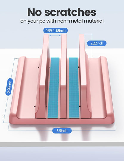 Vertical Laptop Stand for Desk, Dual Slots Plastic Laptop Holder with Space Saving 4-in-1 Design, Adjustable Laptop Stand Supports MacBook, Chromebook, Surface, Dell (Pink)