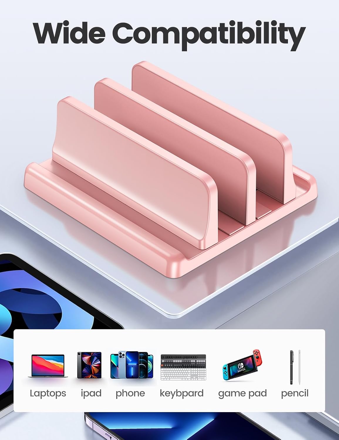 Vertical Laptop Stand for Desk, Dual Slots Plastic Laptop Holder with Space Saving 4-in-1 Design, Adjustable Laptop Stand Supports MacBook, Chromebook, Surface, Dell (Pink)