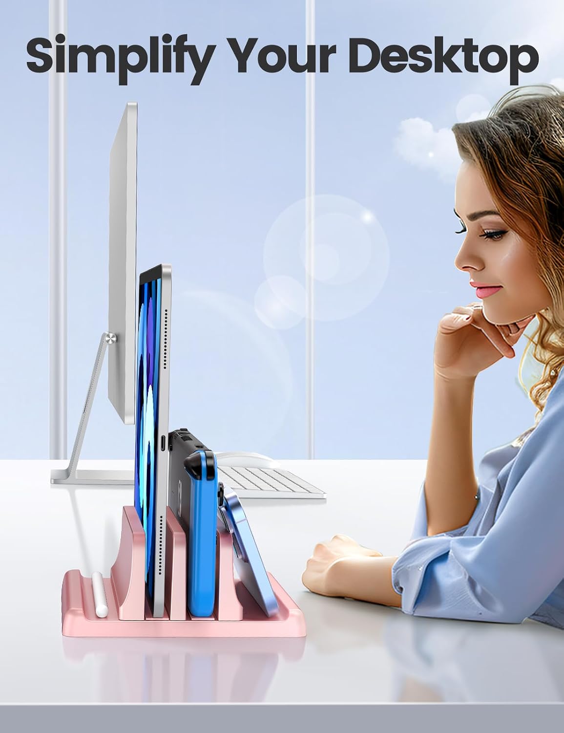 Vertical Laptop Stand for Desk, Dual Slots Plastic Laptop Holder with Space Saving 4-in-1 Design, Adjustable Laptop Stand Supports MacBook, Chromebook, Surface, Dell (Pink)