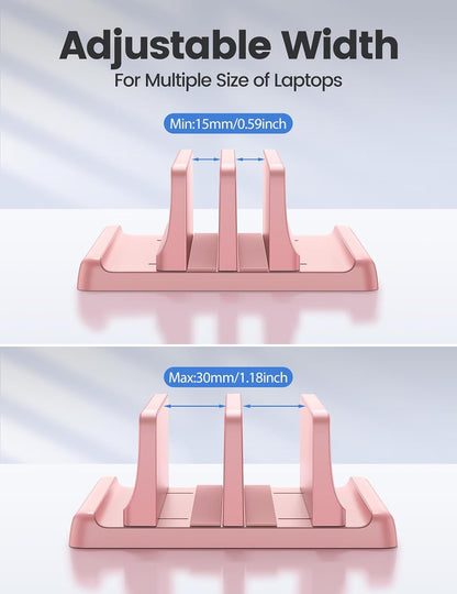 Vertical Laptop Stand for Desk, Dual Slots Plastic Laptop Holder with Space Saving 4-in-1 Design, Adjustable Laptop Stand Supports MacBook, Chromebook, Surface, Dell (Pink)