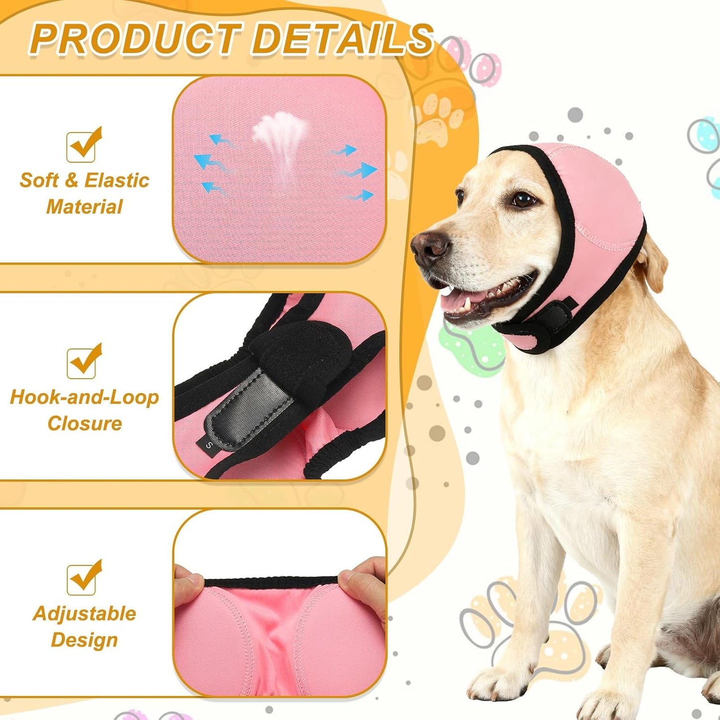 Dog Head Wrap, Cat Ear Wrap Ear Muffs Quiet Head Cover Sleeves Anxiety Ease Head Protection No Shake, (Pink, S), Intended for Pet Bath/Grooming/Swimming/Force Drying