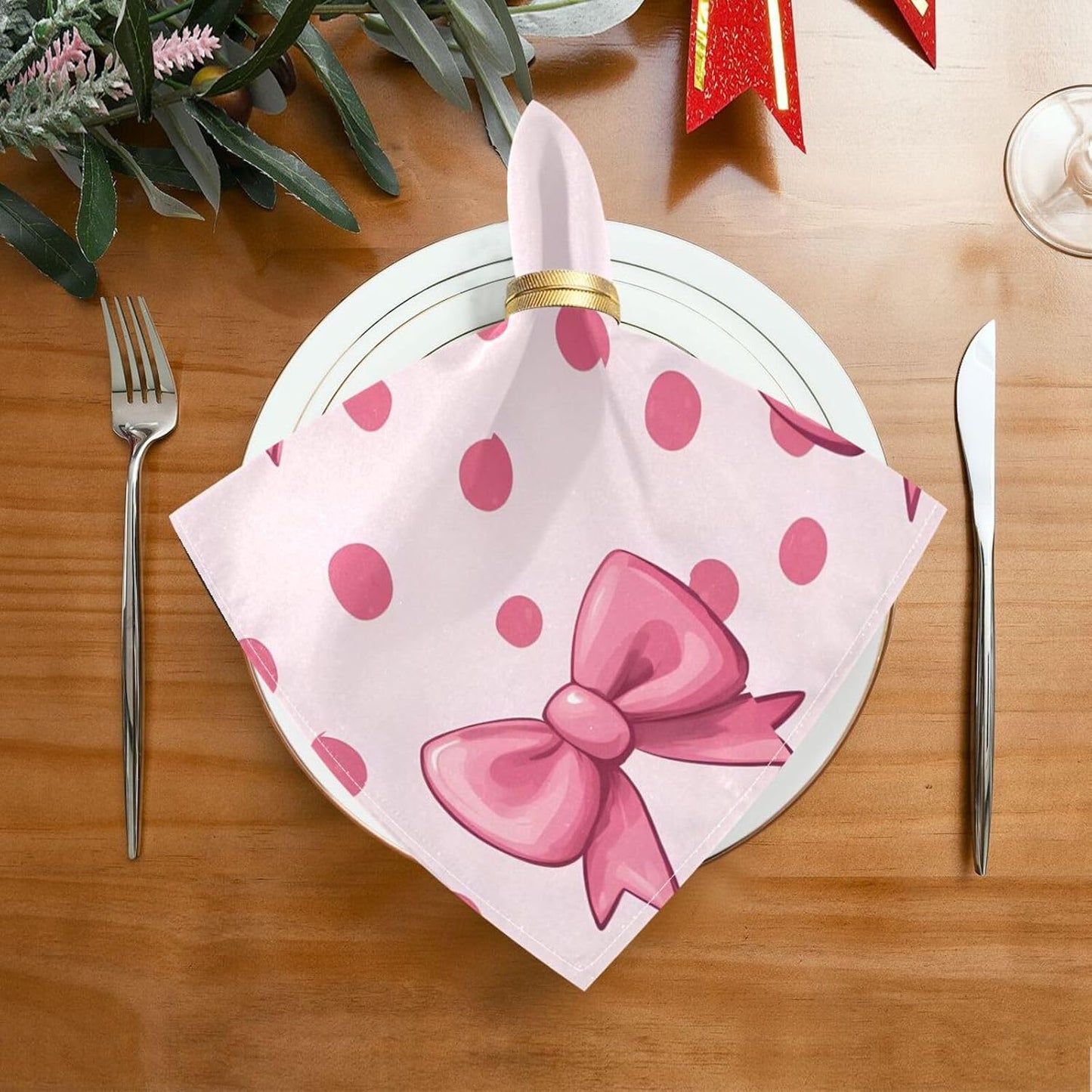 YETTASBIN Pink Bows Dot Cloth Napkins Set of 1, Reusable Washable Oversized Table Napkins for Family Wedding Dinner Party Home Decor, 20 Inch