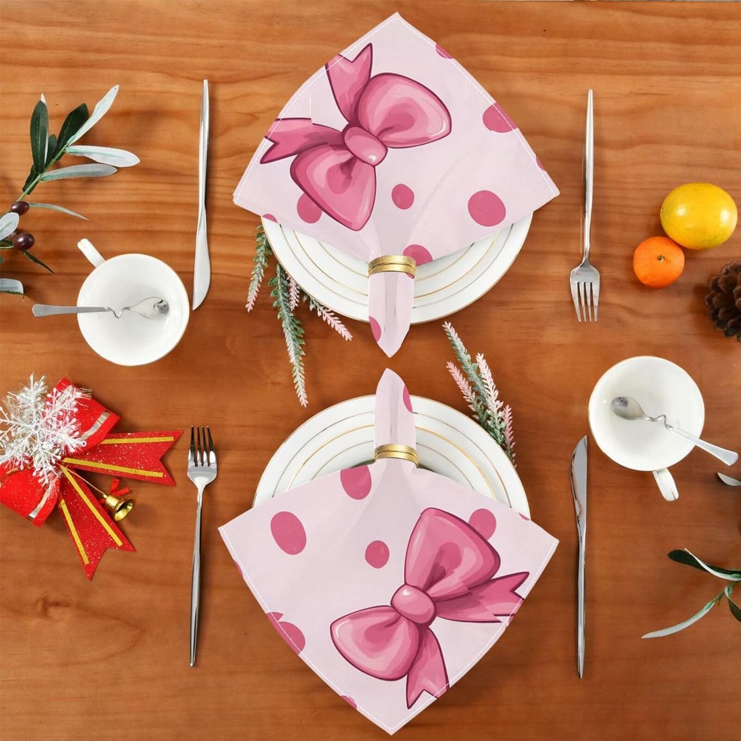 YETTASBIN Pink Bows Dot Cloth Napkins Set of 1, Reusable Washable Oversized Table Napkins for Family Wedding Dinner Party Home Decor, 20 Inch