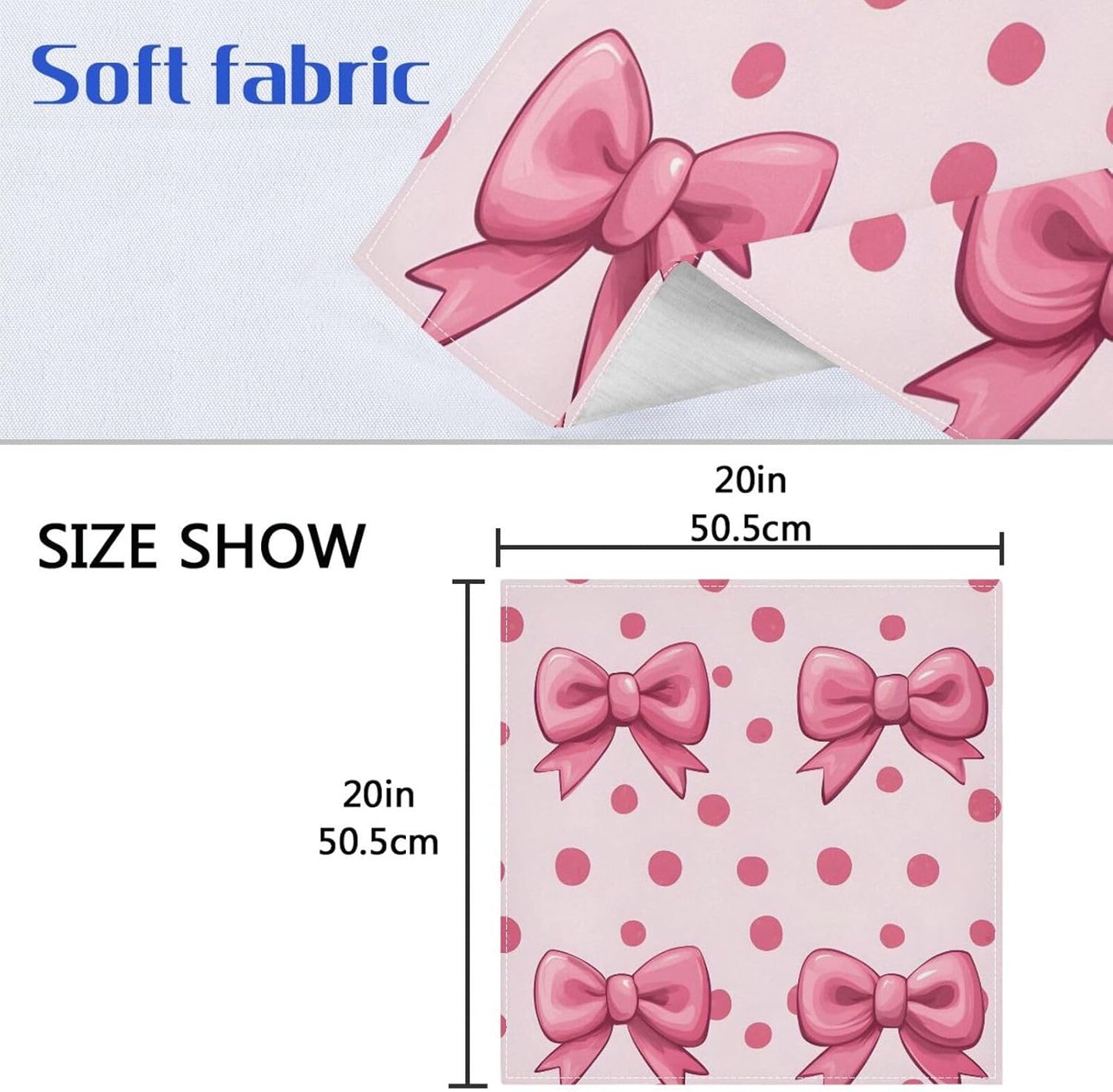 YETTASBIN Pink Bows Dot Cloth Napkins Set of 1, Reusable Washable Oversized Table Napkins for Family Wedding Dinner Party Home Decor, 20 Inch