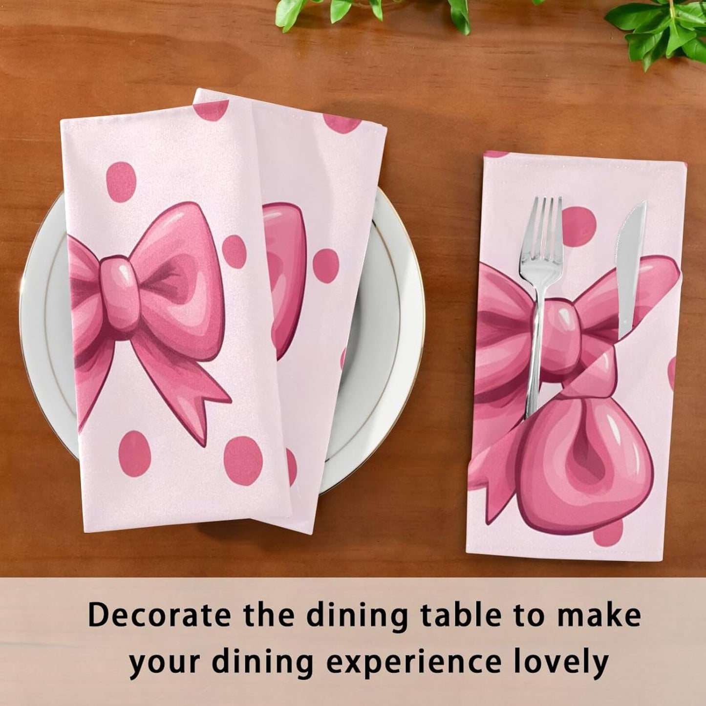 YETTASBIN Pink Bows Dot Cloth Napkins Set of 1, Reusable Washable Oversized Table Napkins for Family Wedding Dinner Party Home Decor, 20 Inch