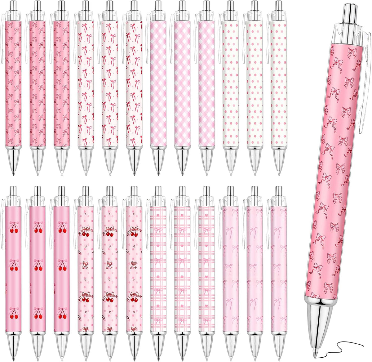 24 Pcs Pink Bow Pens Cute Coquette Bow Ballpoint Pen Retractable Black Ink Pen Coquette Aesthetic Bow Party Favors for Women Writing Journaling Baby Shower Office Teacher Back to School Supplies