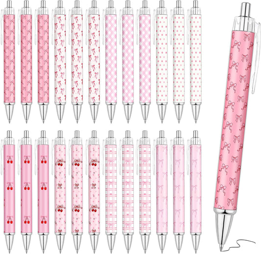 24 Pcs Pink Bow Pens Cute Coquette Bow Ballpoint Pen Retractable Black Ink Pen Coquette Aesthetic Bow Party Favors for Women Writing Journaling Baby Shower Office Teacher Back to School Supplies